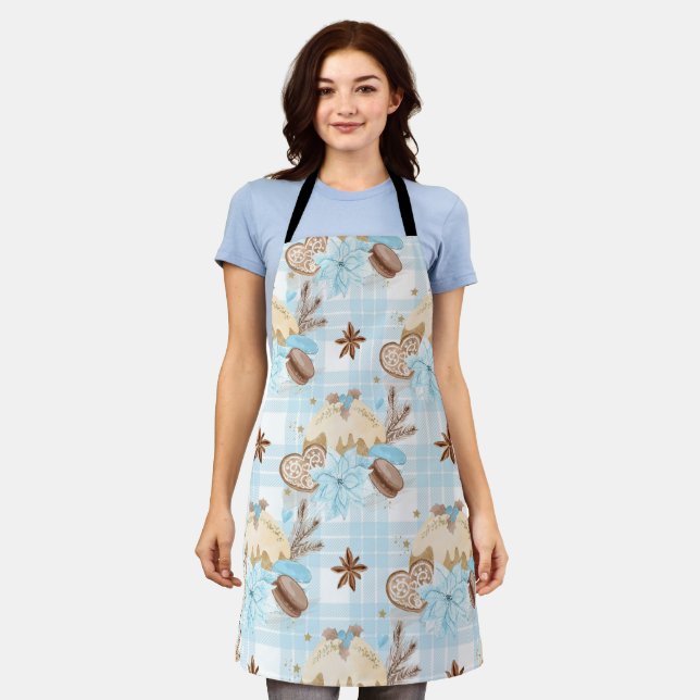 Aquarellblau Karierte Weihnachtskekse & Pudding Schürze (Getragen)