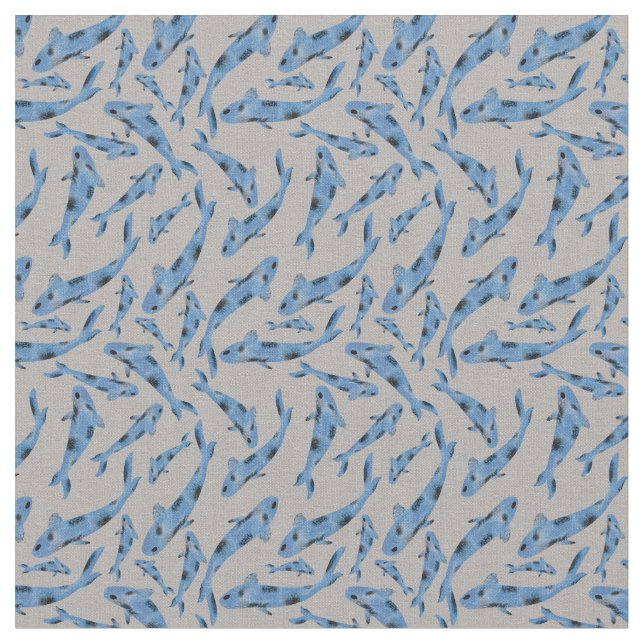 Aquarellblau Koi Fisch Graues Muster Stoff (Nahaufnahme)