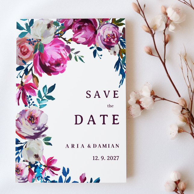 Aquarellblau, lila blumenblau Save the Date Einladung (Watercolor pink blue purple floral Save the Date )