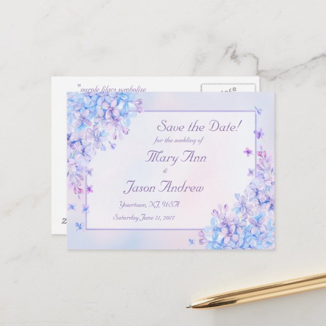 Aquarellblau Lila Lilac-Blume Save the Date Ankündigungspostkarte (Vorderseite/Rückseite Beispiel)