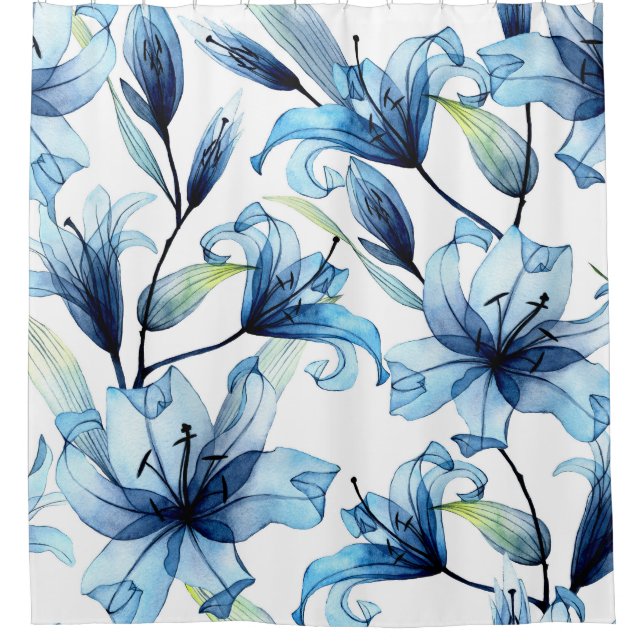Aquarellblau Lilies Blumendruck Duschvorhang (Vorderseite)