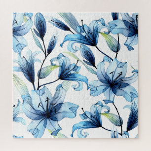 Aquarellblau Lilies Blumendruck Puzzle
