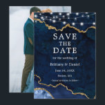 Aquarellblau-Marmor Agate Geode Lights Foto Save The Date<br><div class="desc">Moderne elegante Watercolor Blue and Gold Marble Agate Geode Save the Date Card mit String Lights - Foto Back</div>