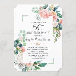 Aquarellblau-Peonies Rahmen 50. Geburtstag Einladung