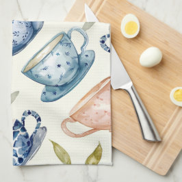 Aquarellblau-pinkfarbene Teetassen-Muster Geschirrtuch