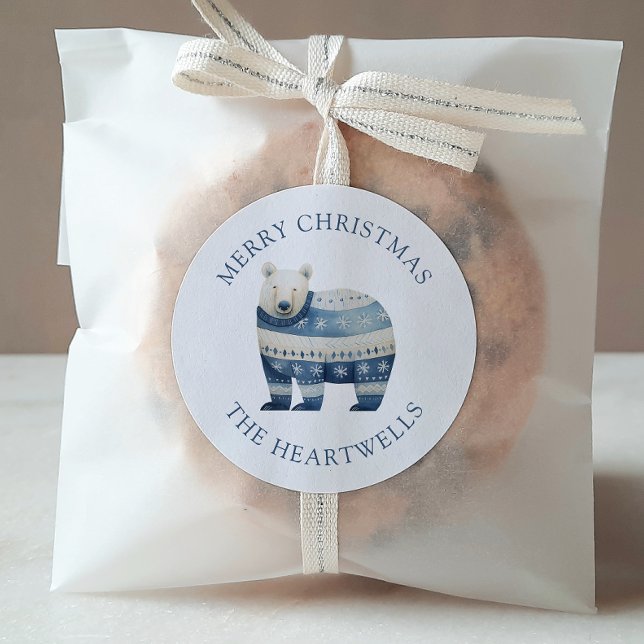 Aquarellblau Polar Bär Frohe Weihnachten Runder Aufkleber (Von Creator hochgeladen)