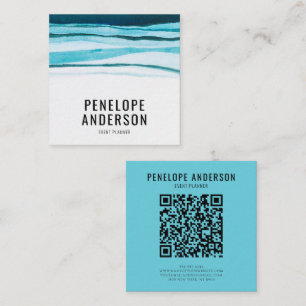 Aquarellblau QR-Code Abstrakte Wavy Lines Quadratische Visitenkarte