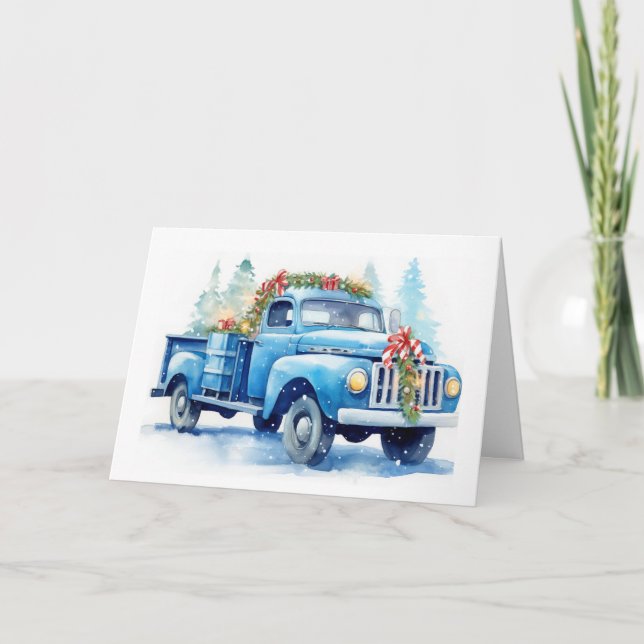 Aquarellblau Retro Weihnachtswagen Feiertagskarte (Vorderseite)