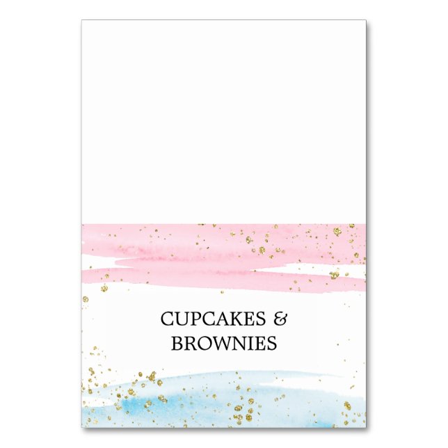 Aquarellblau-rosa-Geschlecht: Futter-Zelt-Karten Tischnummer (Vorderseite)