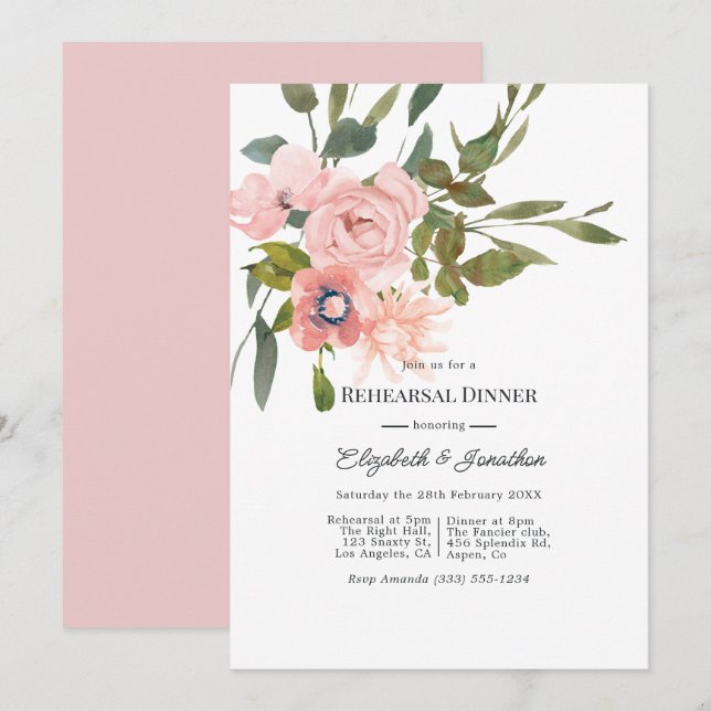 Aquarellblau Rosa Hochzeitsessen Probe Einladung (Vorne/Hinten)