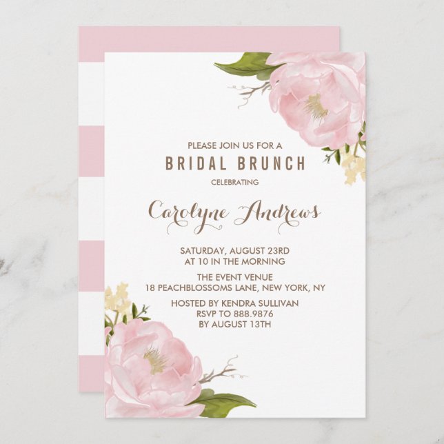Aquarellblau Rosa Peonies Bridal Brunch Einladung (Vorne/Hinten)
