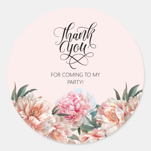 Aquarellblau Rosa Peonies Vielen Dank Runder Aufkleber (Vorderseite)