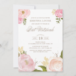 Aquarellblau Rosa Peony Floral Bat Mitzvah Einladung