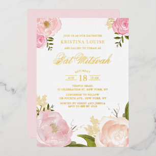 Aquarellblau Rosa Peony Floral Bat Mitzvah Folieneinladung