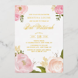 Aquarellblau Rosa Peony Floral Bat Mitzvah Folieneinladung