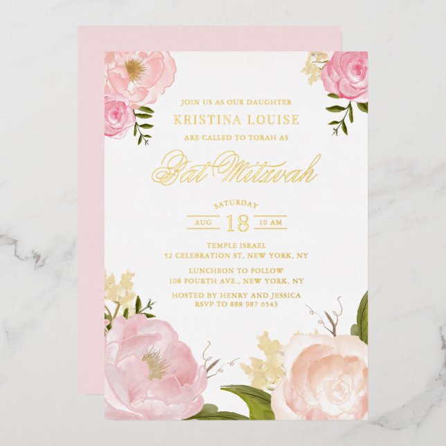 Aquarellblau Rosa Peony Floral Bat Mitzvah Folieneinladung (Vorderseite/Rückseite)