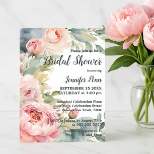 Aquarellblau Rosa Peonys Rahmen Brautparty Einladung