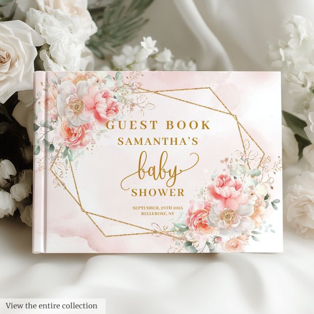 Aquarellblau Rosa-Pioniere Salbei Gold Gästebuch (Powder pink gold peonies girl baby shower guest book

)