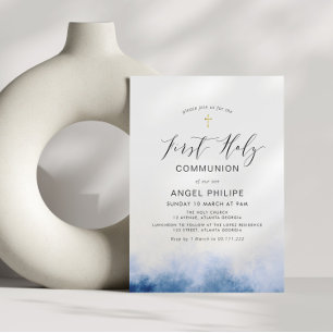 Aquarellblau-Schrift zuerst heilige Kommunion Einladung