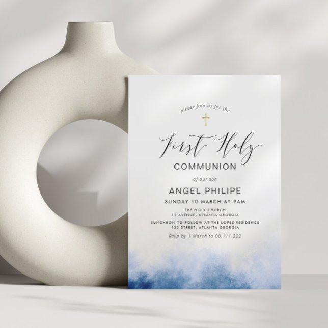 Aquarellblau-Schrift zuerst heilige Kommunion Einladung (Von Creator hochgeladen)