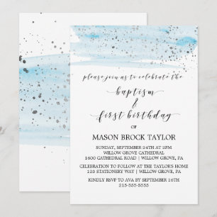 Aquarellblau & Silbertaufe & 1. Geburtstag Einladung