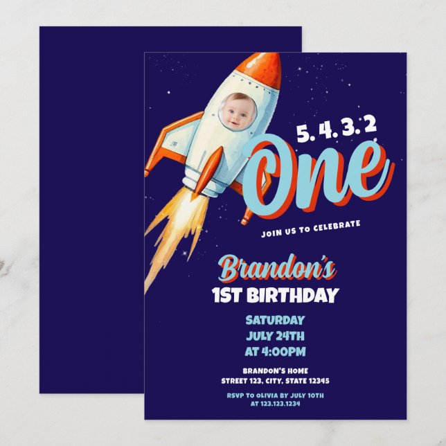 Aquarellblau & Space Rocket Foto 1. Geburtstag Einladung (Vorne/Hinten)