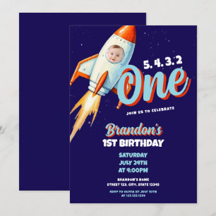 Aquarellblau & Space Rocket Foto 1. Geburtstag Einladung