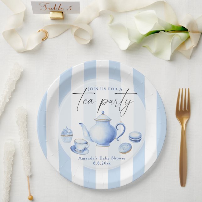 Aquarellblau Tee Party Babydusche Pappteller (Hochzeit)