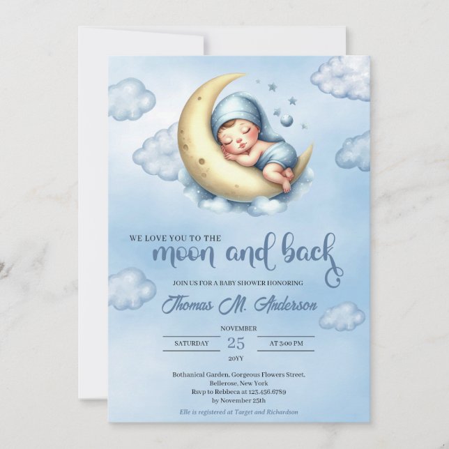 Aquarellblau und gelb Mond und Rücken Junge Einladung (Vorderseite)