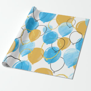 Aquarellblau und glitzernde Goldballons nahtlos Geschenkpapier
