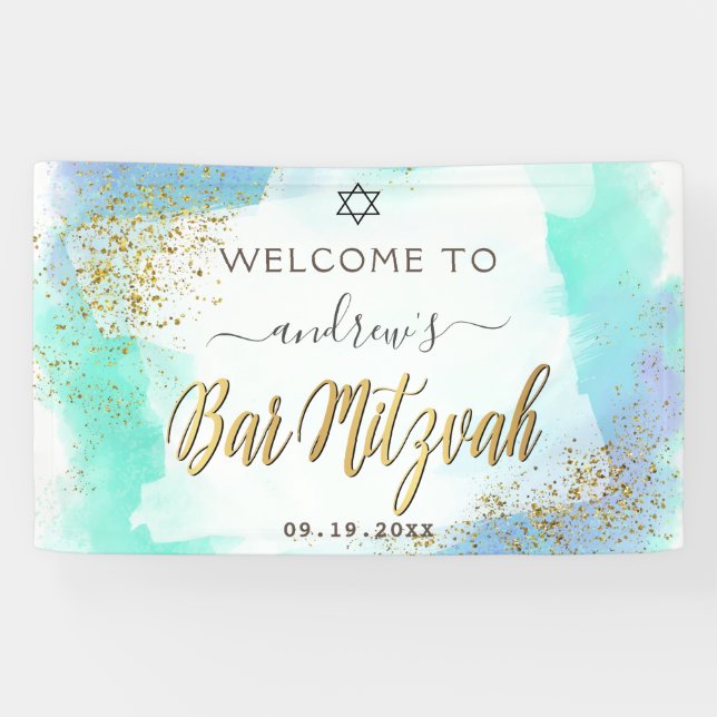 Aquarellblau und Gold Bar Mitzvah Willkommen Banner (Horizontal)