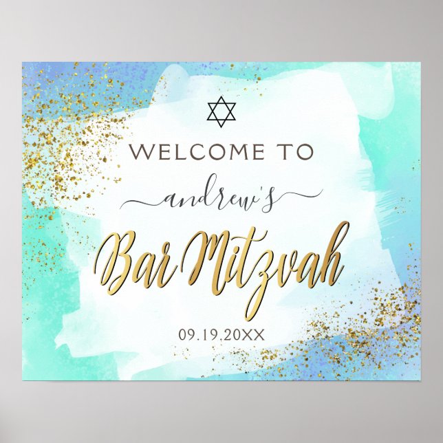 Aquarellblau und Gold Bar Mitzvah Willkommen Poster (Vorne)