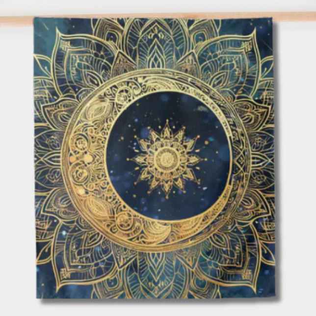 Aquarellblau und Gold Mandala Sonnennebel Galaxie Wandteppich (Watercolor Blue and Gold Mandala Sun Nebula Galaxy Tapestry)