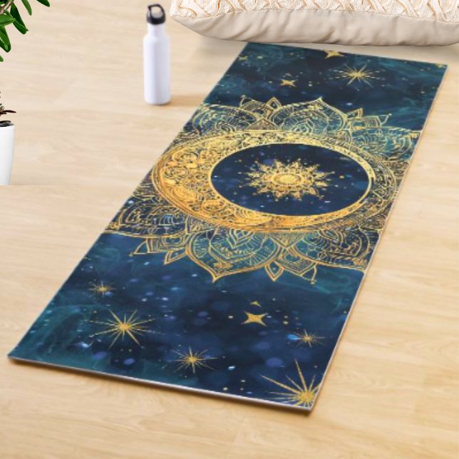 Aquarellblau und Gold Mandala Sonnennebel Galaxie Yogamatte (Watercolor Blue and Metallic Gold Mandala Sun Nebula Galaxy Meditation / Yoga Mat With Golden Stars.)