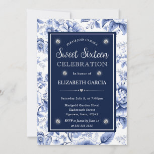 Aquarellblau und goldene Blume Süß 16 Einladung