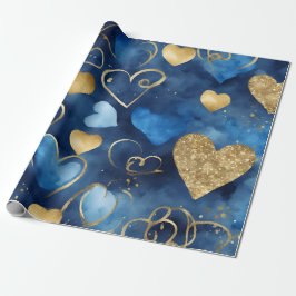 Aquarellblau und goldene Farbtöne - Herz Geschenkpapier