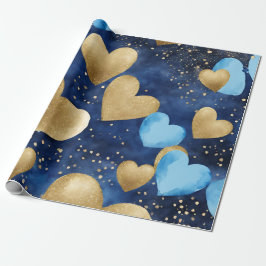 Aquarellblau und goldene Farbtöne - Herz Geschenkpapier