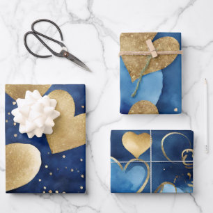 Aquarellblau und goldene Farbtöne - Herz Geschenkpapier Set