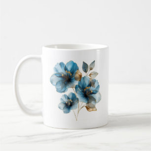 Aquarellblau und goldfarbene Blume Kaffeetasse