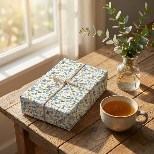 Aquarellblau und grüne Blume auf Weiß Geschenkpapier (Von Creator hochgeladen)