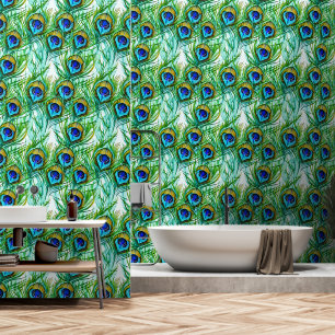 Aquarellblau und grüne Pfauenfeathers Collage Tapete