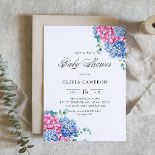 Aquarellblau und rosa Hydrangeas Babydusche Einladung