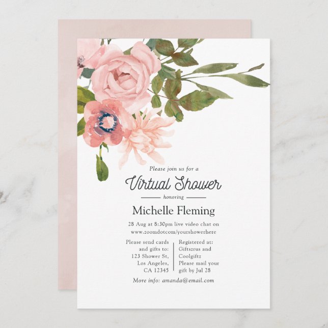 Aquarellblau und Rose Gold Virtual Baby Dusche Einladung (Vorne/Hinten)