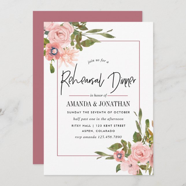 Aquarellblau und Rose Goldene Probe Abendessen Einladung (Vorne/Hinten)