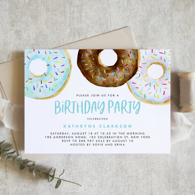Aquarellblau und Schokolade Donuts Geburtstag Einladung (Von Creator hochgeladen)