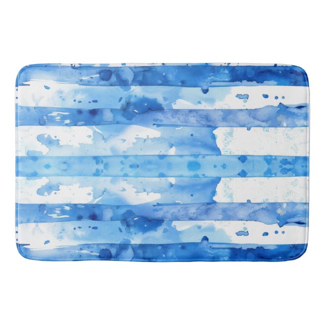Aquarellblau und weiß gestreiftes Stranddekor Badematte (Vorderseite)