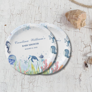 Aquarellblau Unter der Babydusche des Meeres Pappteller