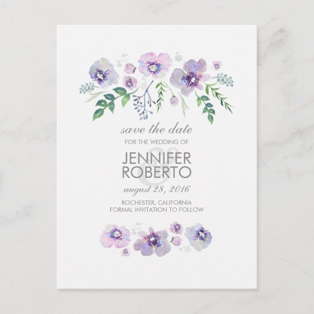 Aquarellblau-violette Blumen Save the Date Niedlic Ankündigungspostkarte (Vorderseite)