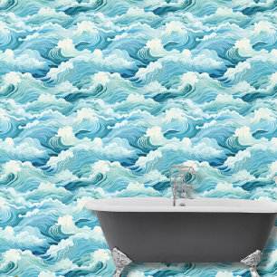 Aquarellblau Weißes abstraktes Meer Wellen Küste Tapete