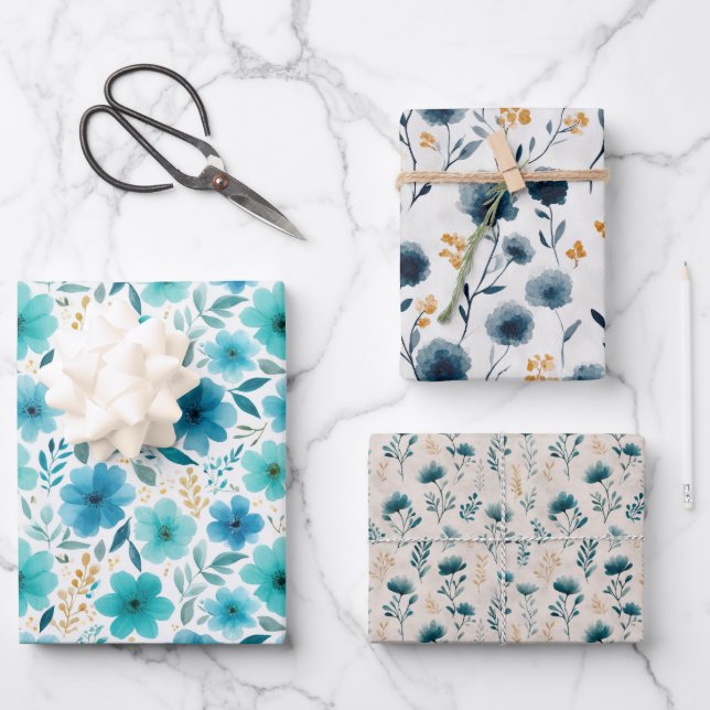 Aquarellblau-Wildblumen Ästhetik Geschenkpapier Set (Vorderseite)